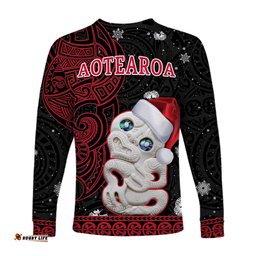 Custom Personalised New Zealand Christmas Long Sleeve T-shirt Hei Tiki Red Pohutukawa Meri Kirihimete
