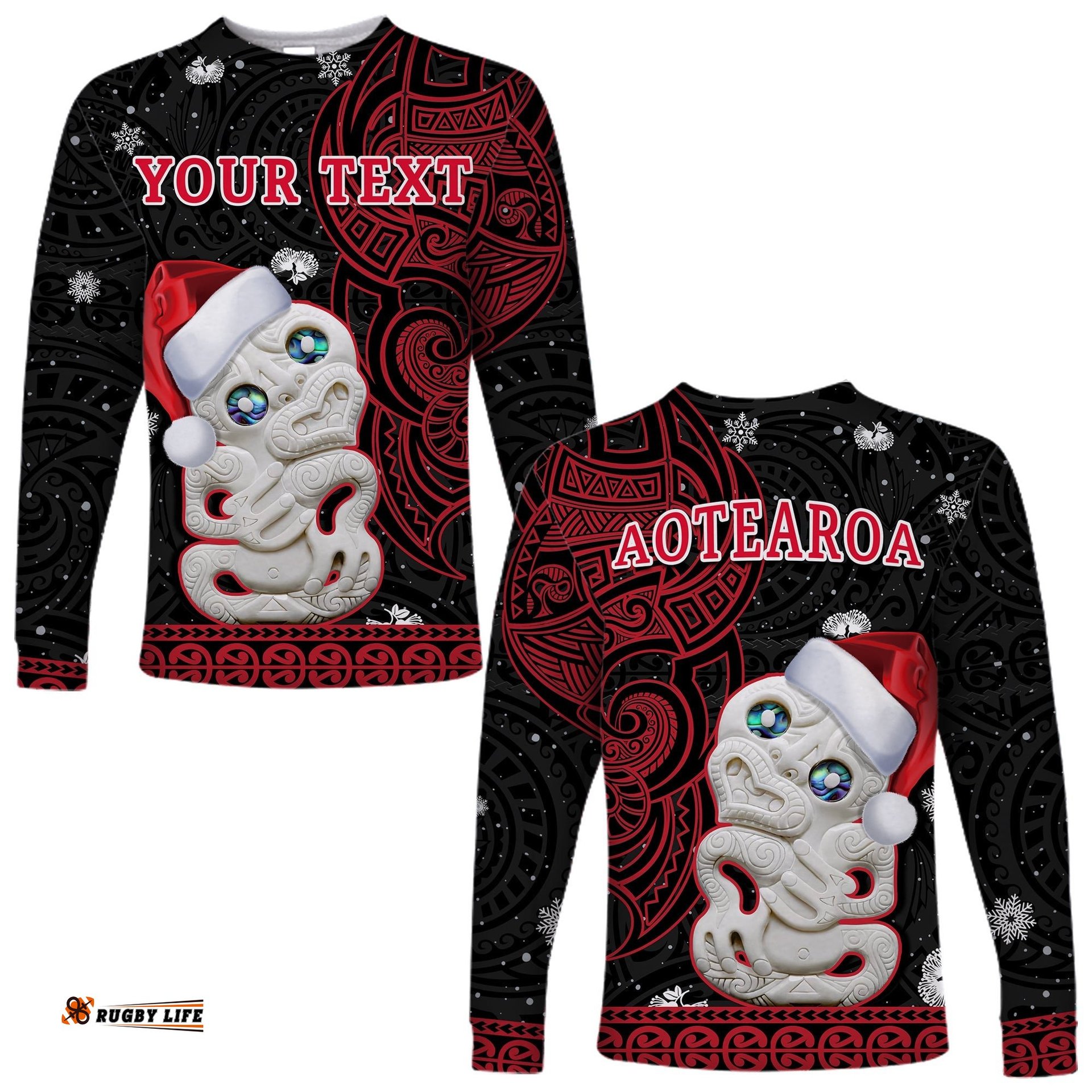 Custom Personalised New Zealand Christmas Long Sleeve T-shirt Hei Tiki Red Pohutukawa Meri Kirihimete