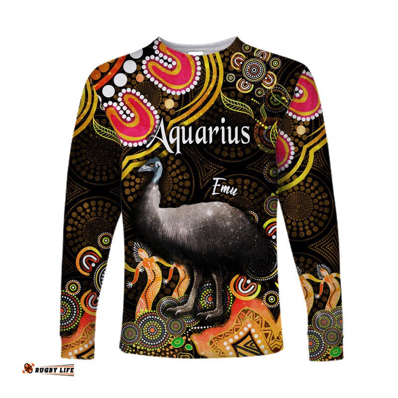 Custom Personalised Australian Astrology Long Sleeve T-shirt Aquarius Emu Glider Zodiac Aboriginal Gold
