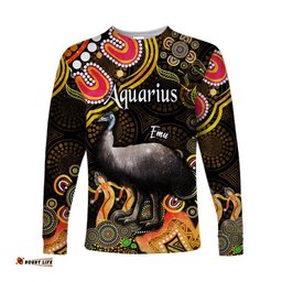 Custom Personalised Australian Astrology Long Sleeve T-shirt Aquarius Emu Glider Zodiac Aboriginal Gold