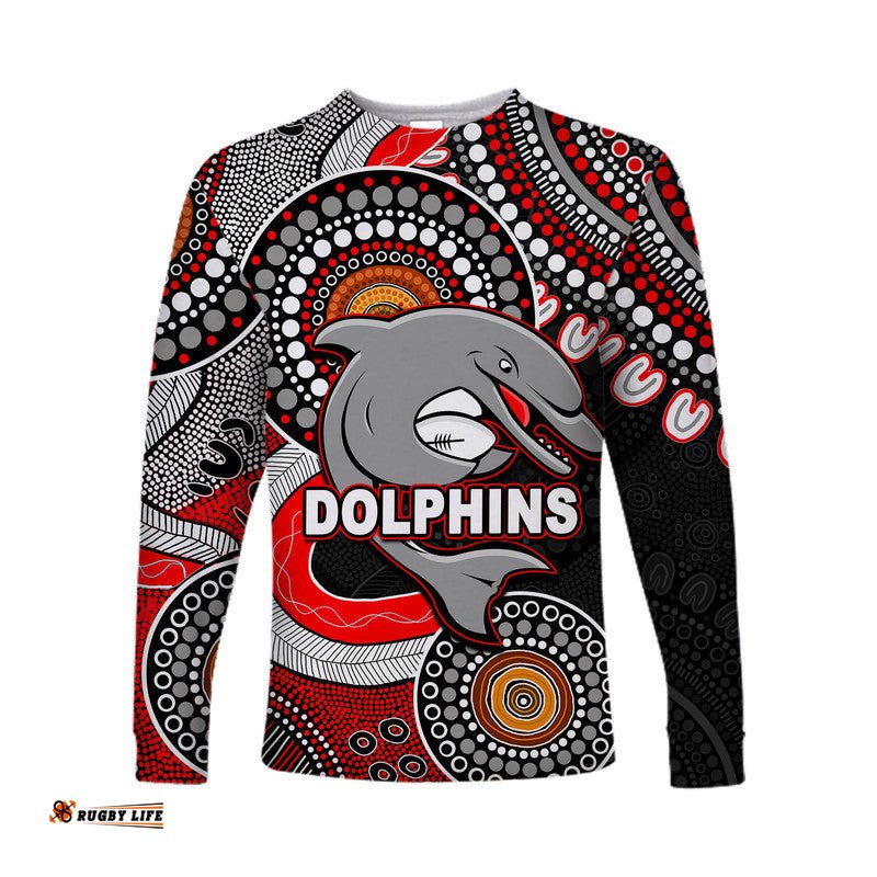 Custom Personalised Dolphins Rugby Long Sleeve T-shirts Aboriginal Style