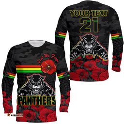 Custom Personalised Panthers Rugby ANZAC Long Sleeve T-shirt Angry Panther Camouflage With Poppy