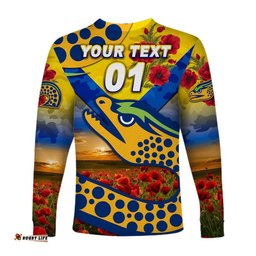 Custom Personalised Parramatta Eels ANZAC Long Sleeve T-shirt Poppy Flowers Gold