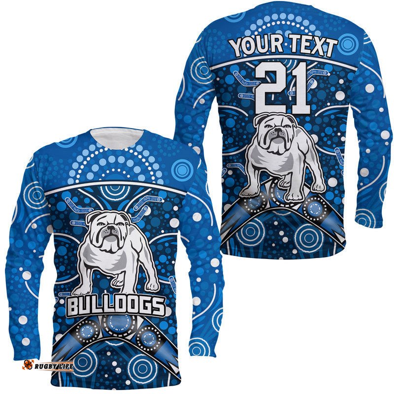 Custom Personalised Bulldogs Rugby Long Sleeve T-shirt Boomerang Indigenous Dots
