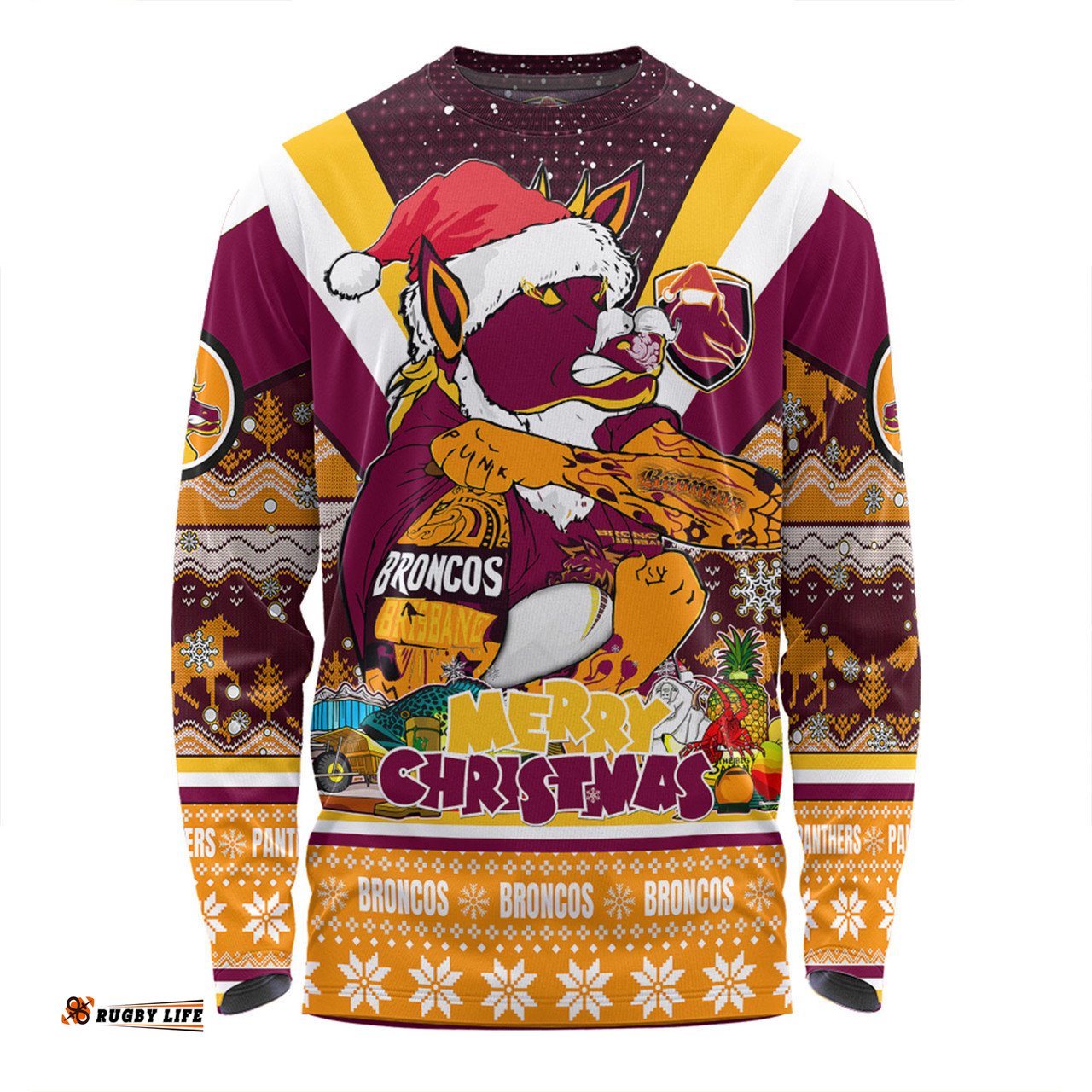Brisbane Broncos Christmas Custom Long Sleeve T-shirt - Broncos Santa Aussie Big Things Christmas Long Sleeve T-shirt
