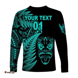 Custom Personalised New Zealand Haka Rugby Maori Long Sleeve T-shirt Silver Fern Turquoise