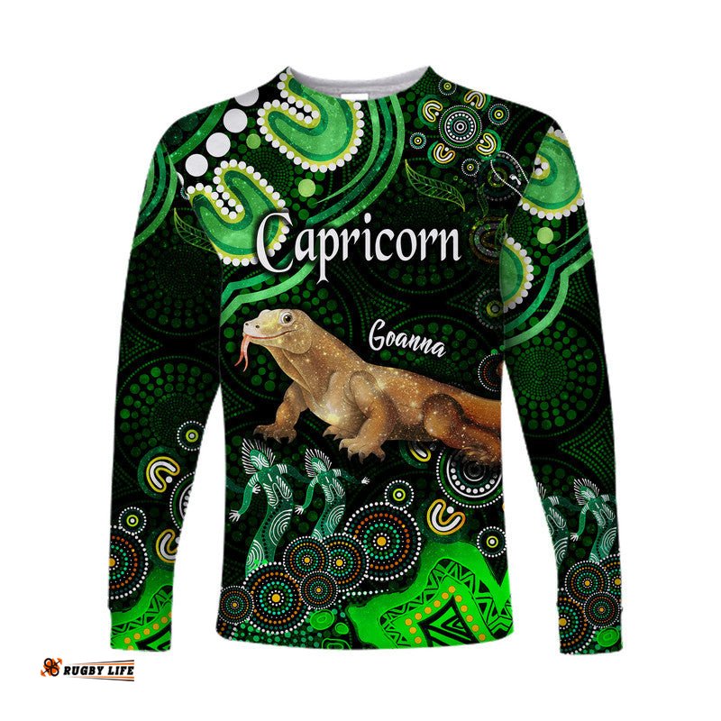 Custom Personalised Australian Astrology Long Sleeve T-shirt Capricorn Goanna Zodiac Aboriginal Green