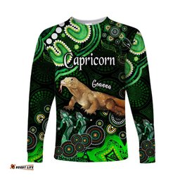 Custom Personalised Australian Astrology Long Sleeve T-shirt Capricorn Goanna Zodiac Aboriginal Green