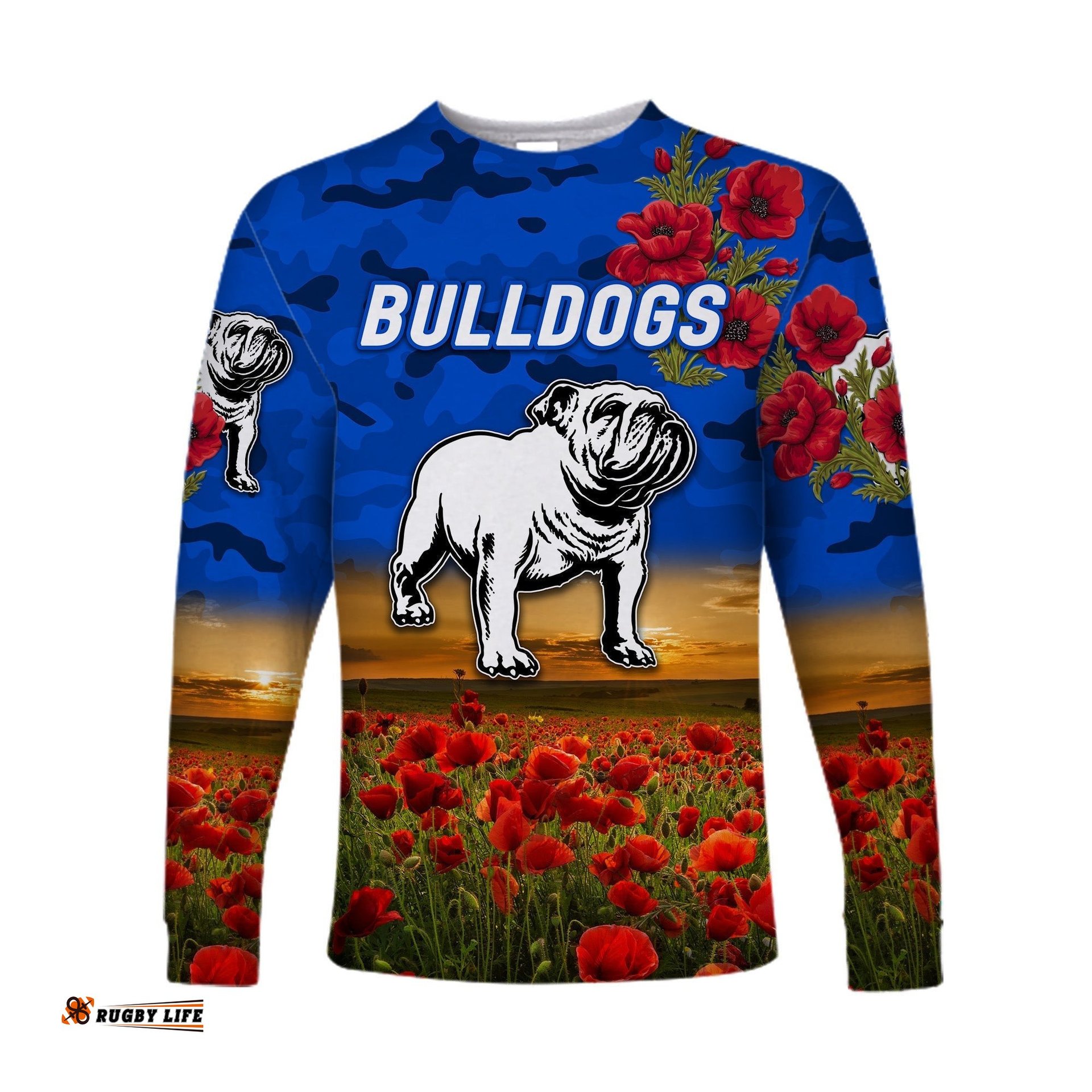 Canterbury Bankstown Bulldogs ANZAC Long Sleeve T-shirt Poppy Flowers Blue