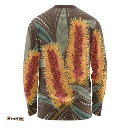 Australia Flowers Aboriginal Long Sleeve T-shirt - Aboriginal Dot Art With Yellow Banksia Flower Long Sleeve T-shirt