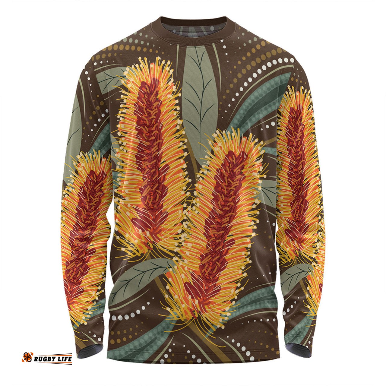 Australia Flowers Aboriginal Long Sleeve T-shirt - Aboriginal Dot Art With Yellow Banksia Flower Long Sleeve T-shirt