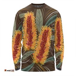 Australia Flowers Aboriginal Long Sleeve T-shirt - Aboriginal Dot Art With Yellow Banksia Flower Long Sleeve T-shirt