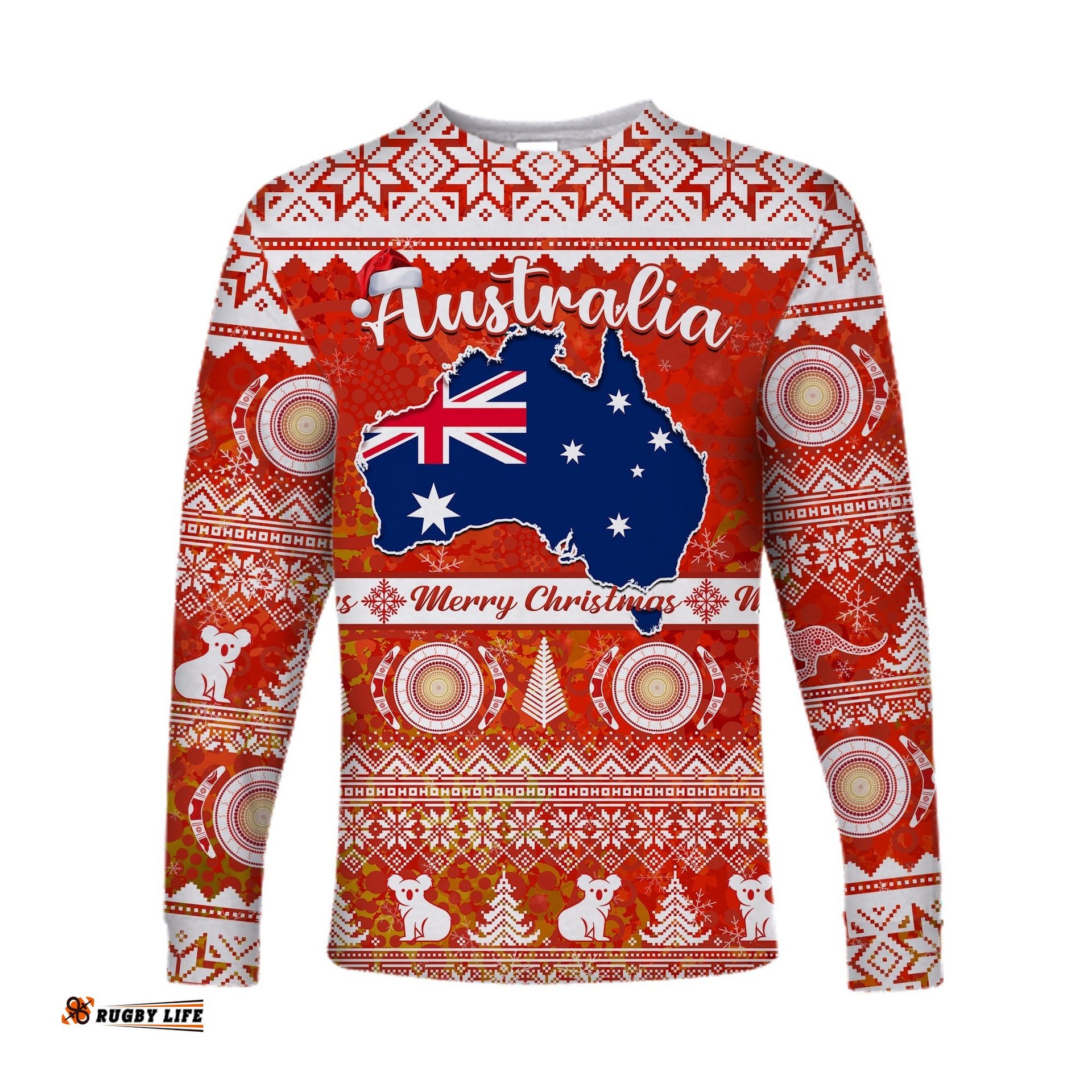 Custom Personalised Australia Long Sleeve T-shirt Australian Map Aboriginal Painting Merry Christmas