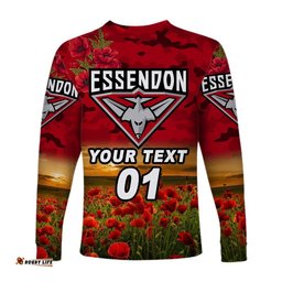 Custom Personalised Essendon Bombers ANZAC Long Sleeve T-shirt Poppy Red