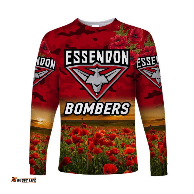 Custom Personalised Essendon Bombers ANZAC Long Sleeve T-shirt Poppy Red