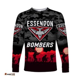 Custom Personalised Essendon Bombers ANZAC Long Sleeve T-shirt Simple Style Black