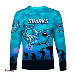 Cronulla Sutherland Sharks ANZAC Long Sleeve T-shirt Simple Style Blue