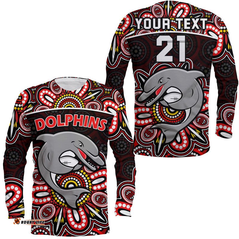 Custom Personalised Dolphins Rugby Long Sleeve T-shirt Aboriginal Dot Painting