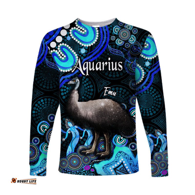 Custom Personalised Australian Astrology Long Sleeve T-shirt Aquarius Emu Glider Zodiac Aboriginal Blue