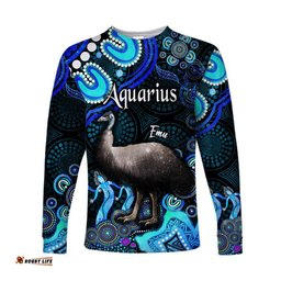 Custom Personalised Australian Astrology Long Sleeve T-shirt Aquarius Emu Glider Zodiac Aboriginal Blue