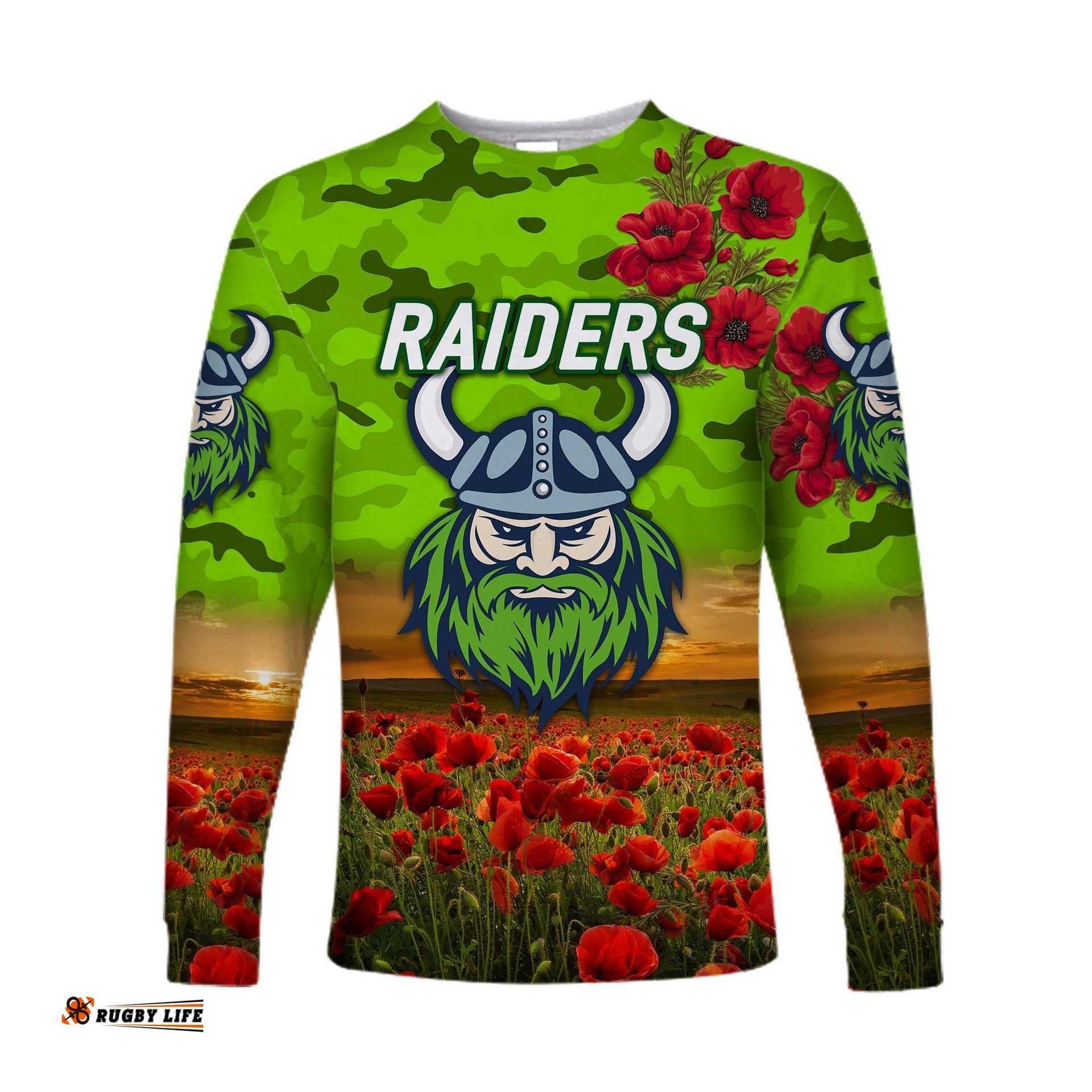 Custom Personalised Canberra Raiders ANZAC Long Sleeve T-shirt Poppy Flowers