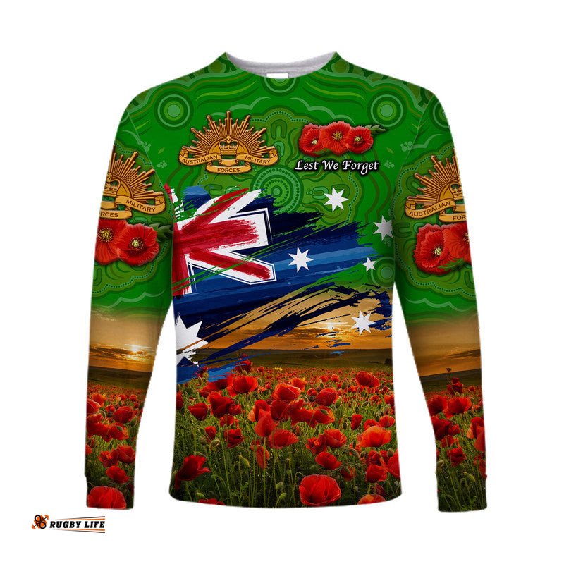 Custom Personalised Australia Aboriginal ANZAC Long Sleeve T-shirt Poppy Green