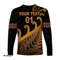 Custom Personalised New Zealand Rugby Maori Long Sleeve T-shirt Silver Fern Koru Gold