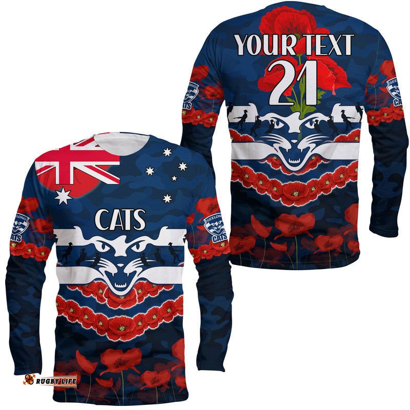 Custom Personalised Cats Football ANZAC Long Sleeve T-shirt Lest We Forget