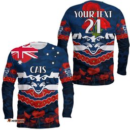 Custom Personalised Cats Football ANZAC Long Sleeve T-shirt Lest We Forget