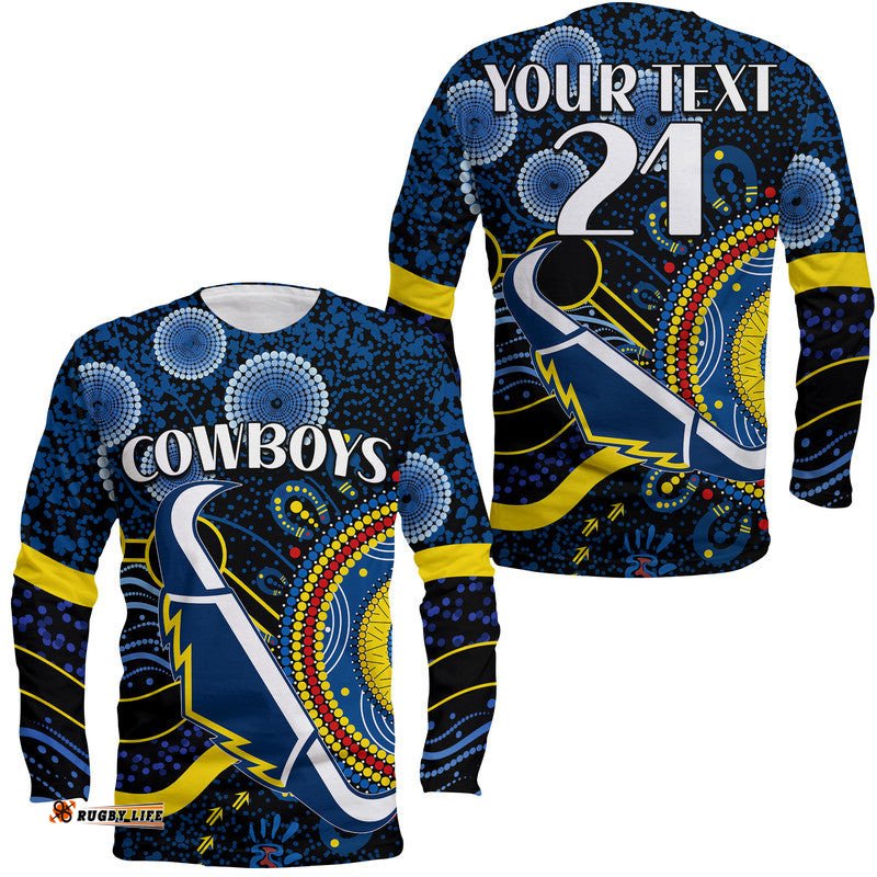 Custom Personalised Cowboys Rugby Long Sleeve T-shirt Aboriginal Dots Version