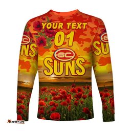 Custom Personalised Gold Coast Suns ANZAC Long Sleeve T-shirt Poppy
