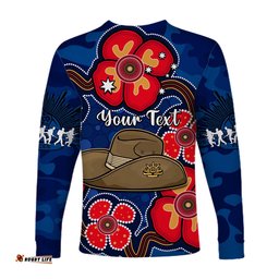 Custom Personalised Australia ANZAC Long Sleeve T-shirt Lest We Forget Camouflage Mix Aboriginal Poppies And Slouch Hat