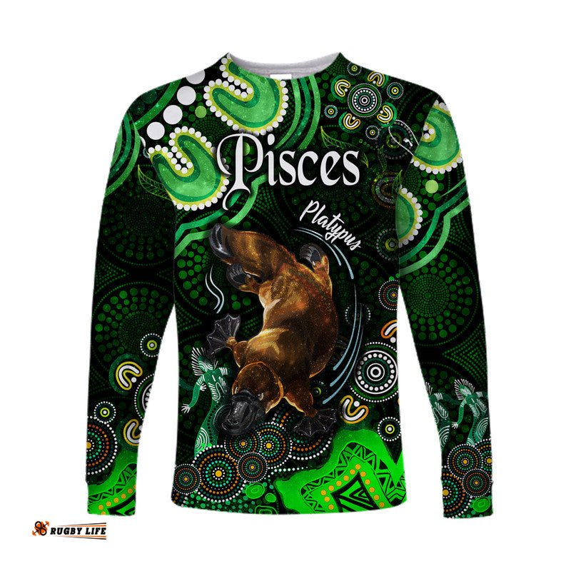 Custom Personalised Australian Astrology Long Sleeve T-shirt Pisces Platypus Zodiac Aboriginal Green