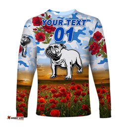 Custom Personalised Canterbury Bankstown Bulldogs ANZAC Long Sleeve T-shirt Poppy Flowers White