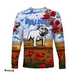 Custom Personalised Canterbury Bankstown Bulldogs ANZAC Long Sleeve T-shirt Poppy Flowers White