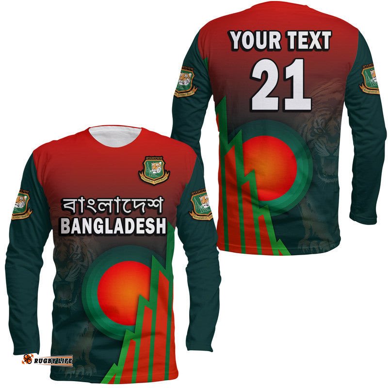 Custom Personalised Bangladesh Bangla Tigers Cricket Long Sleeve T-shirt Tigers and Bangladesh Flag