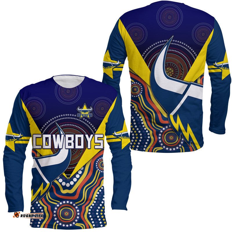 Cowboys Rugby Long Sleeve T-shirt Indigenous Arboriginal Dot Paint Navy Style