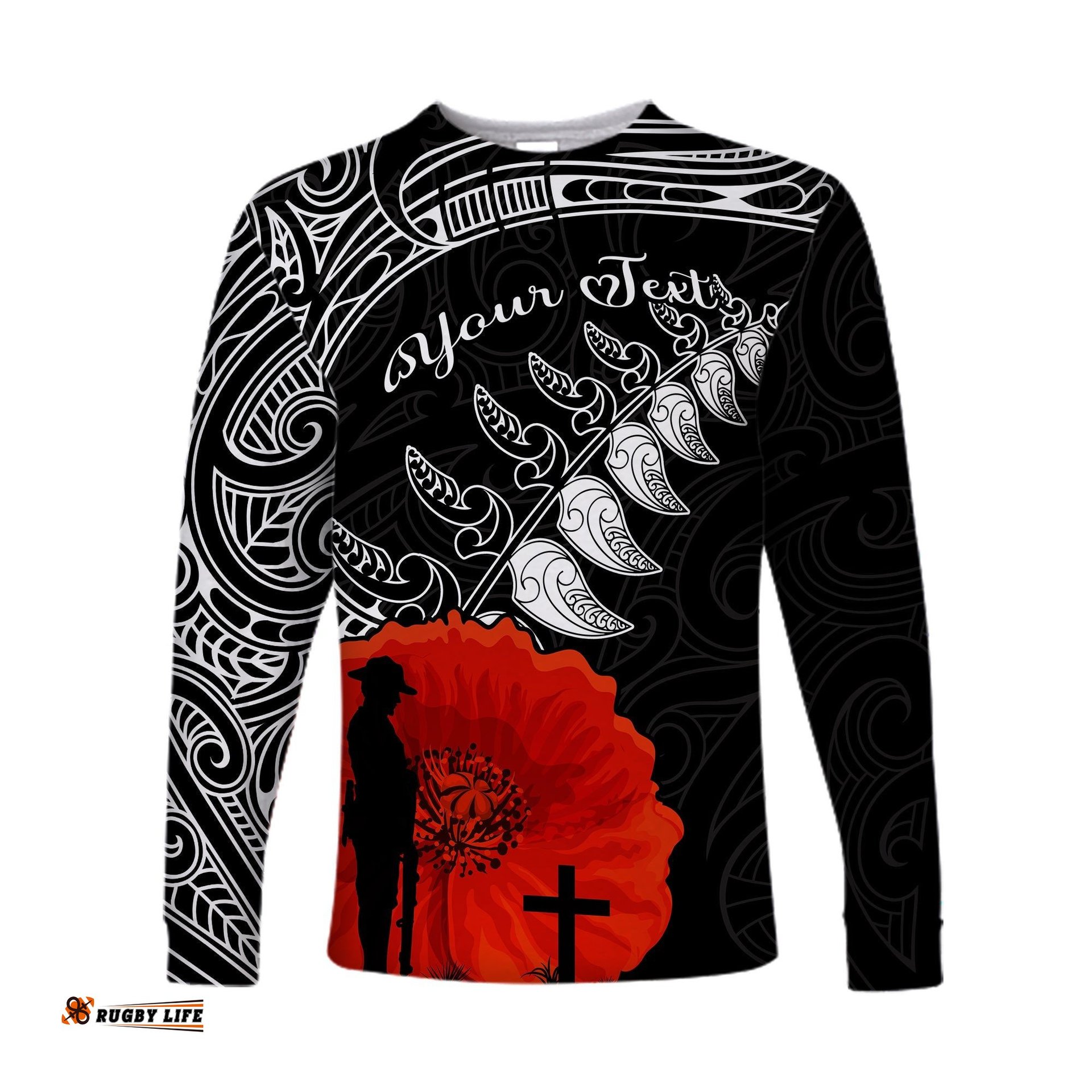 Custom Personalised New Zealand Anzac Long Sleeve T-shirt Maori Mix Fern Poppy