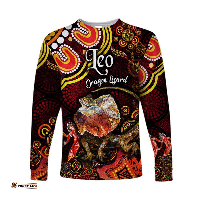 Custom Personalised Australian Astrology Long Sleeve T-shirt Leo Dragon Lizard Zodiac Aboriginal Red