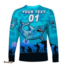 Custom Personalised Cronulla Sutherland Sharks ANZAC Long Sleeve T-shirt Simple Style Blue