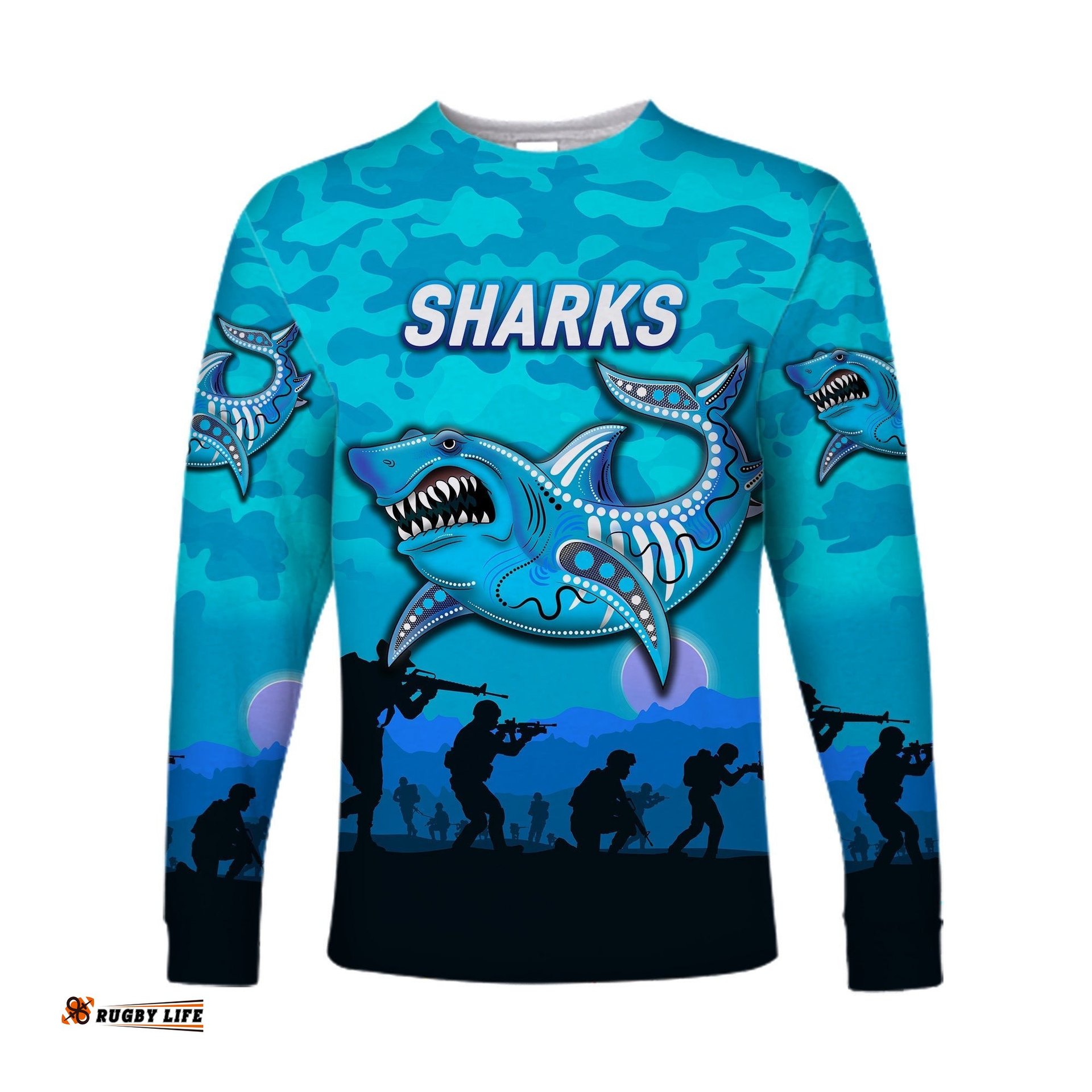 Custom Personalised Cronulla Sutherland Sharks ANZAC Long Sleeve T-shirt Simple Style Blue