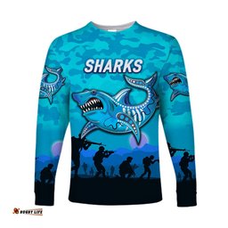 Custom Personalised Cronulla Sutherland Sharks ANZAC Long Sleeve T-shirt Simple Style Blue