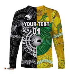 Custom Personalised New Zealand Maori All Black And Australia Wallabies Aboriginal Long Sleeve T-shirt Rugby Together