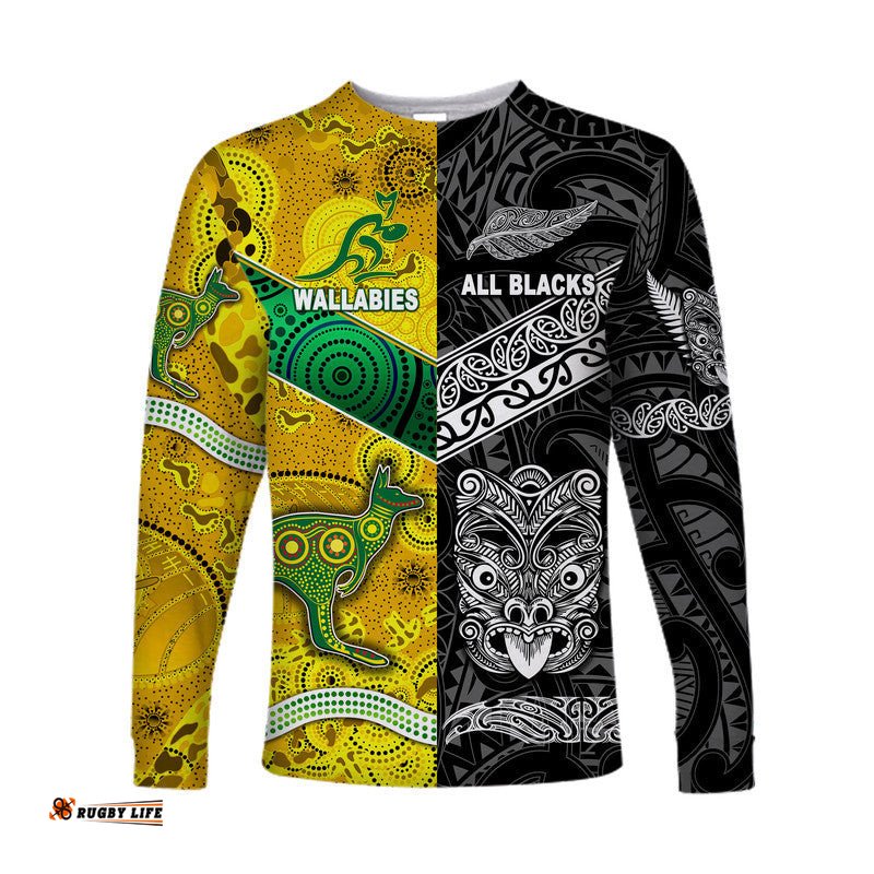 Custom Personalised New Zealand Maori All Black And Australia Wallabies Aboriginal Long Sleeve T-shirt Rugby Together
