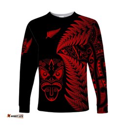 Custom Personalised New Zealand Haka Rugby Maori Long Sleeve T-shirt Silver Fern Red