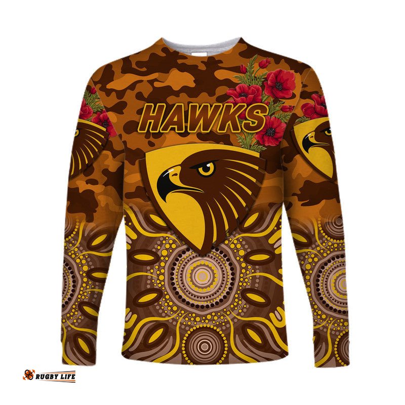 Custom Personalised Hawthorn Hawks ANZAC Long Sleeve T-shirt Indigenous