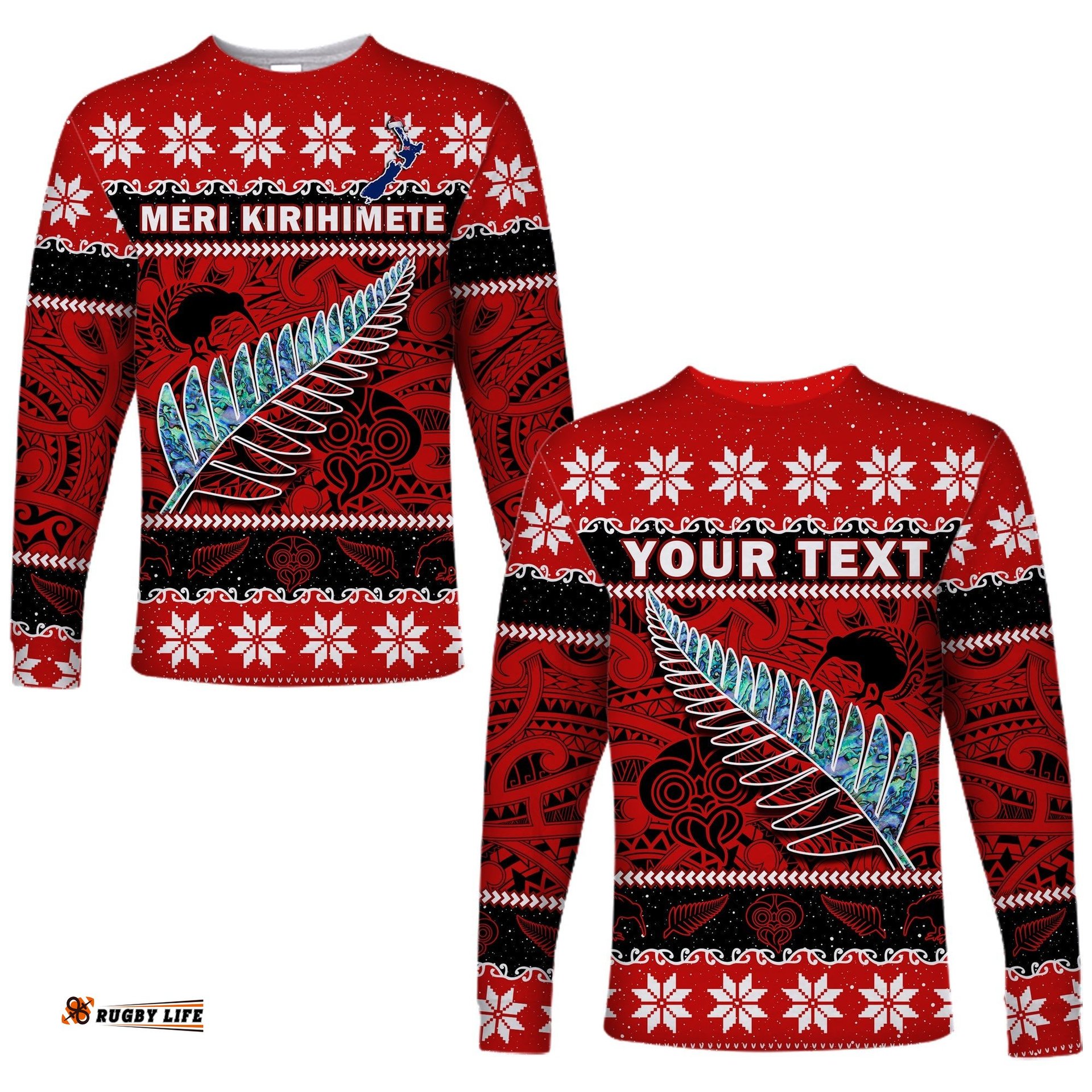 Custom Personalised New Zealand Christmas Long Sleeve T-shirt Paua Shell Silver Fern Meri Kirihimete