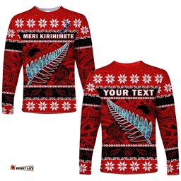 Custom Personalised New Zealand Christmas Long Sleeve T-shirt Paua Shell Silver Fern Meri Kirihimete