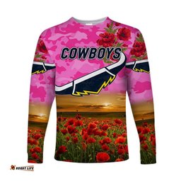 Custom Personalised North Queensland Cowboys ANZAC Long Sleeve T-shirt Poppy Flowers Pink