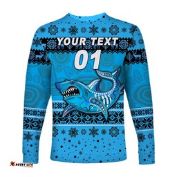 Custom Personalised Cronulla Sutherland Sharks Long Sleeve T-shirts Christmas Simple Style Blue